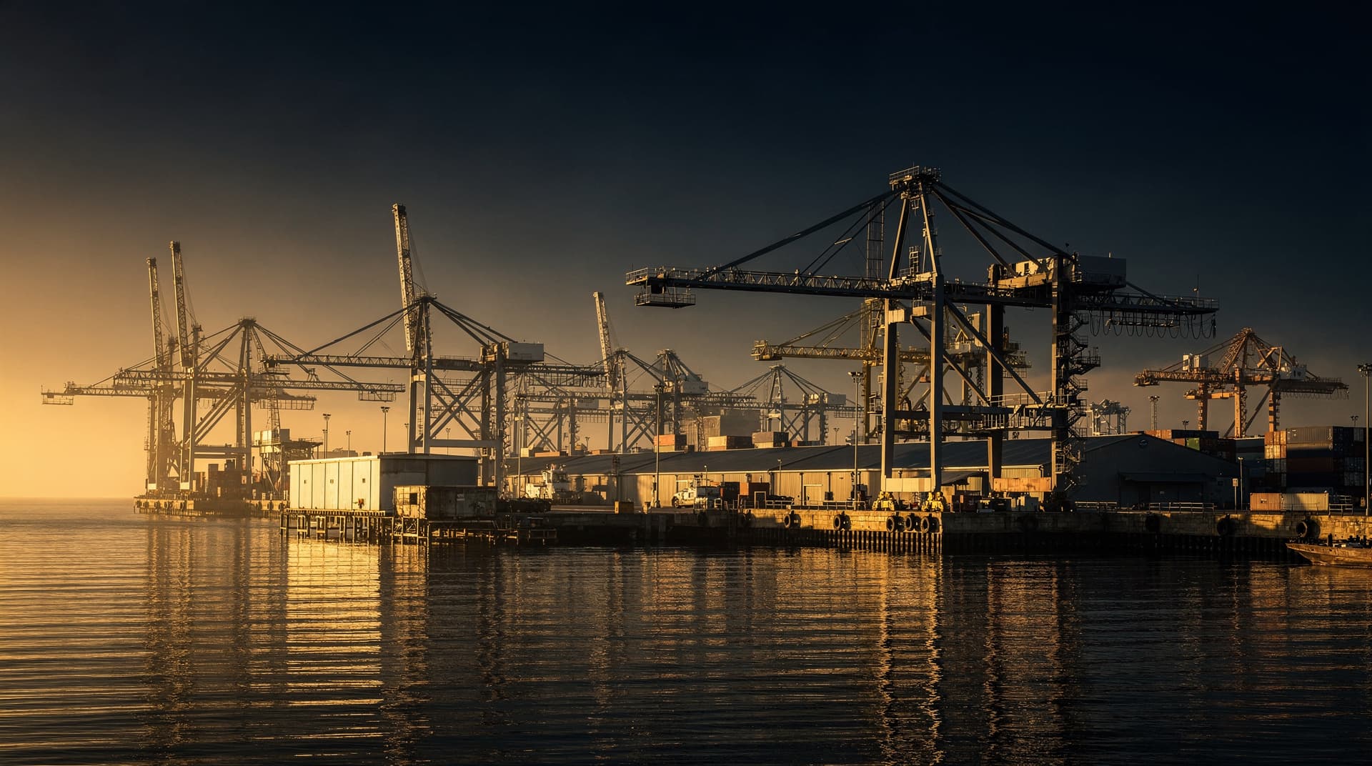 Industrial Black Sea port and steel structures at golden hour